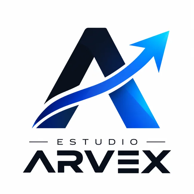 Logo oficial de Estudio Arvex: una A azul oscuro atravesada por una flecha ascendente azul y cian