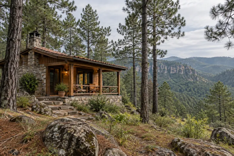 Cabaña rústica Entre Pinos en el bosque, imagen conceptual