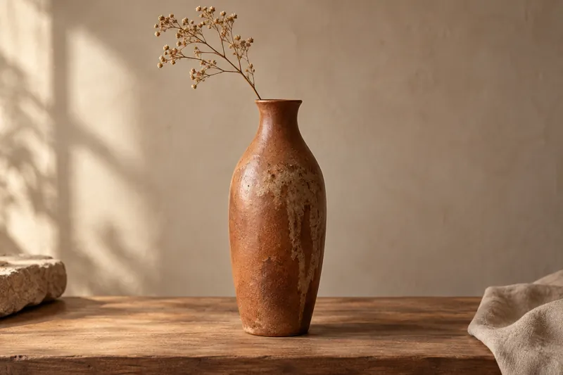 Jarrón artesanal de terracota con rama seca, imagen conceptual